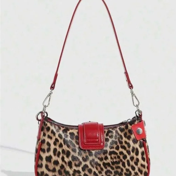 Red Leopard-Accent Shoulder Bag with Buckle & Charm - Picture 2 of 5